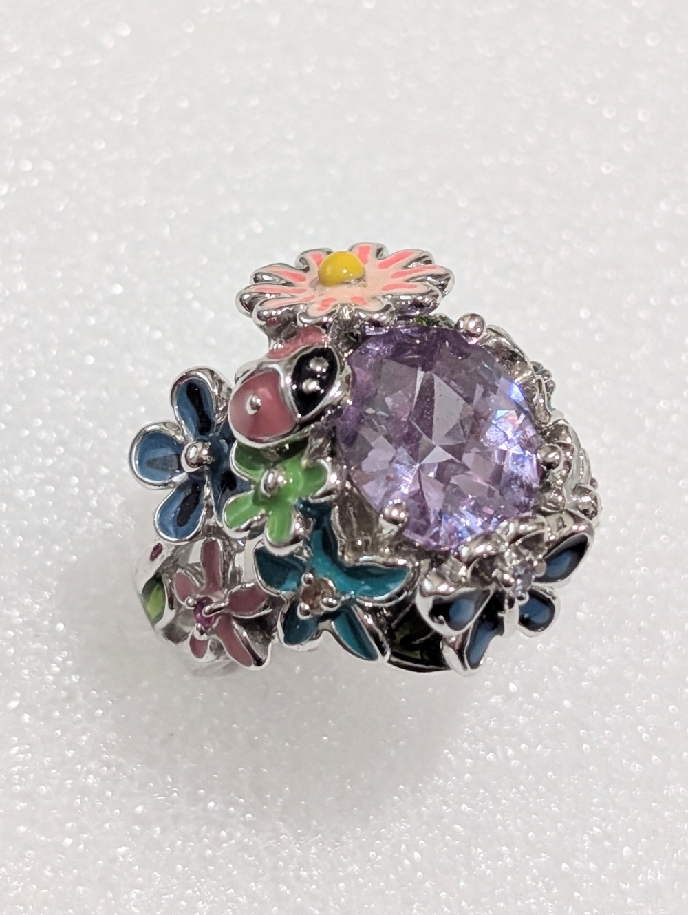 Charming Floral Ladybug Butterfly Enamel LC Cushion Lavender Amethyst Sz 8 Ring